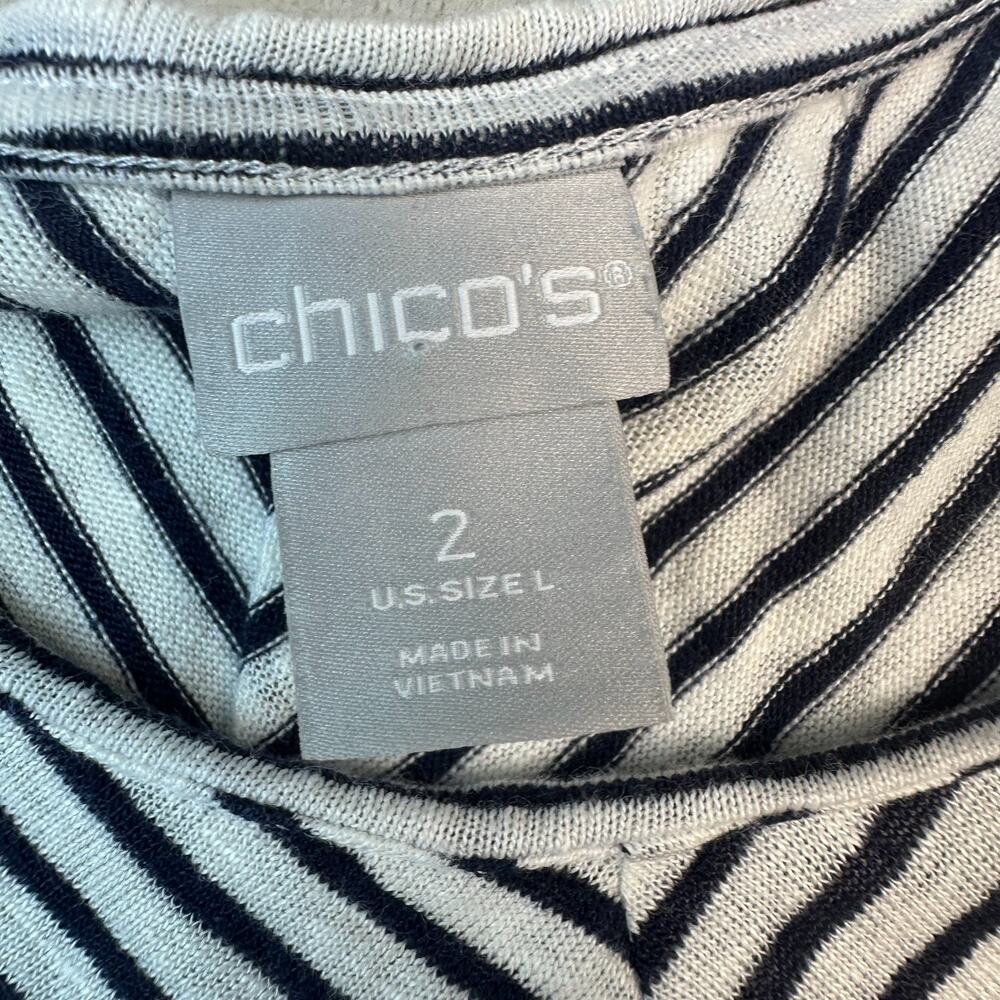 Chicos Women's Linen‎ Short Sleeve Top Nautical Navy White Stripe Fringed Size 2 - Picture 13 of 16
